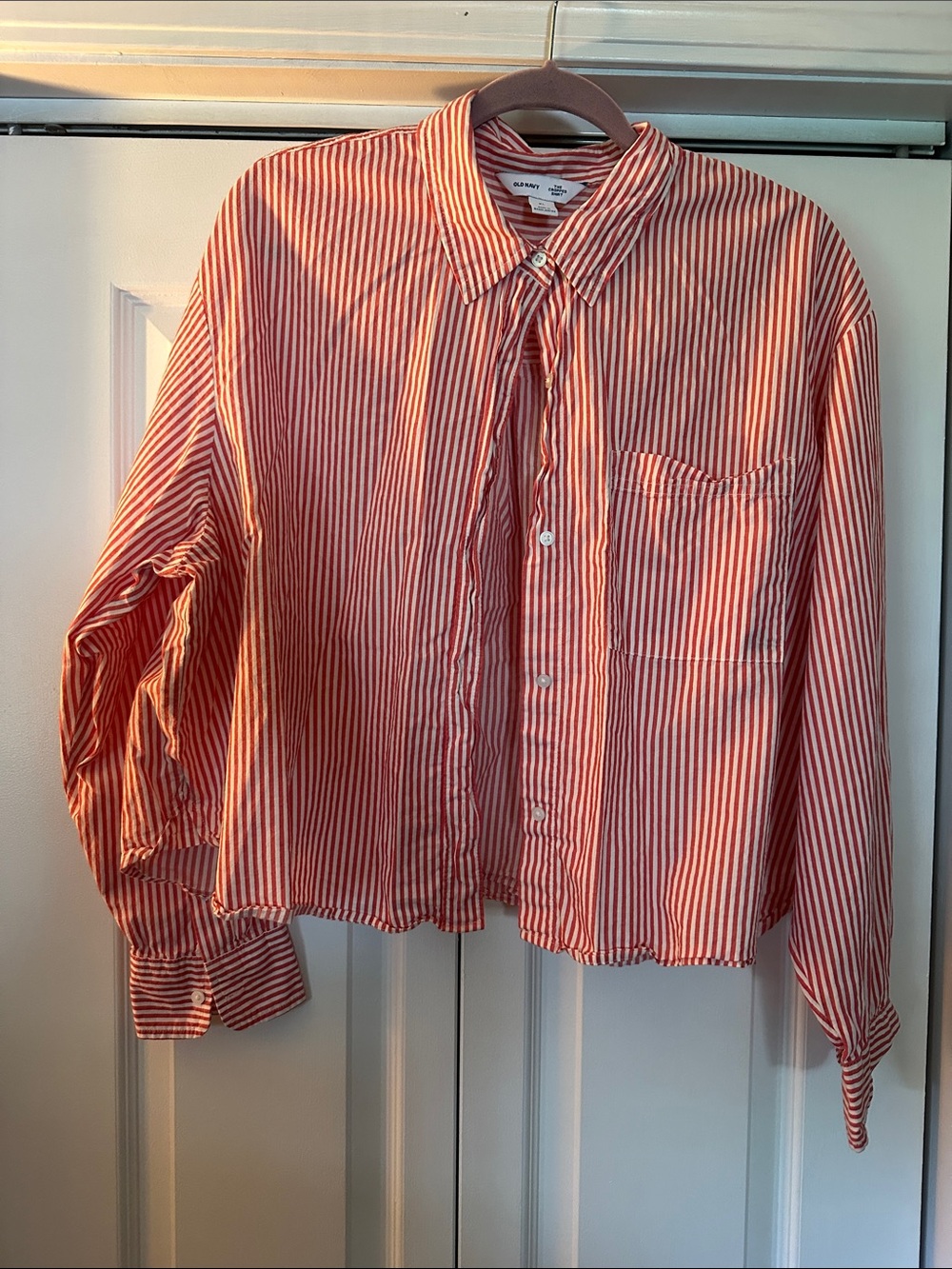 Old Navy Red and White Striped Cropped Button-Down Shirt